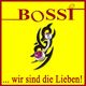 Gelber Hintergrund mit rotem Text "BOSSI" und "... wir sind die Lieben!", Schmuck-Design in der Mitte.