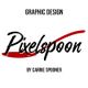 Grafikdesign-Logo: dunkelroter Pinselstrich und Text "Pixelspoon" von Carrie Spooner.