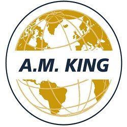 Globe logo with continents in gold and "A.M. KING" text in the center.