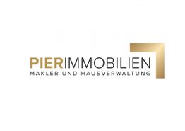 Logo von "Pier Immobilien" mit Text: "Makler und Hausverwaltung" und goldener Ecke.