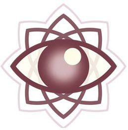 Abstraktes, geometrisches Auge in einem stilisierten, lila Blütenmuster.