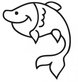 Ein lächelnder, stilisierter Fisch in Schwarz-Weiß-Linienzeichnung.