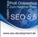 Text: "Systemhaus, Profi Onlineshop, Zum Hammerpreis, SEO 5.5, www.seo-development.de" auf Blau.