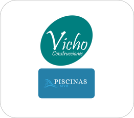 Logos de "Vicho Construcciones" y "Piscinas MVB" en fondo blanco.