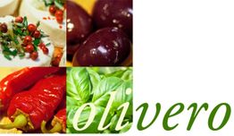 Käse, Oliven, Paprika, Basilikum und der Schriftzug "olivero" in grün.