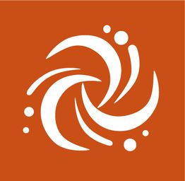 Icono abstracto blanco con líneas curvas y puntos sobre fondo naranja.