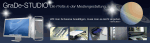 Banner mit GraDe-STUDIO-Logo, Monitor und technischen Geräten.
