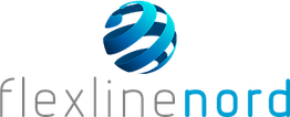 Logo mit blauem Globus-Symbol und Text "flexline nord" in Grau und Blau.