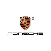 Logotipo da Porsche com o brasão colorido acima do nome da marca em preto.
