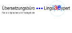 Logo des Übersetzungsbüros Lingua Expert mit blau-rotem Schriftzug und Slogan darunter.