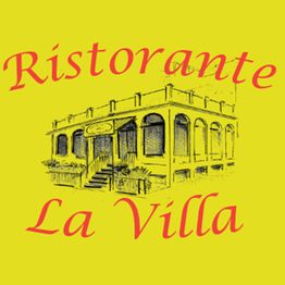 Disegno di un ristorante in giallo con scritta "Ristorante La Villa" in rosso.
