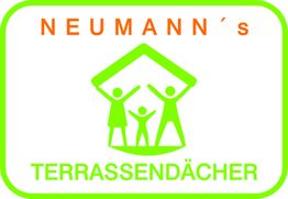 Logo mit grünem Dach über Familie; Text: "NEUMANN's TERRASSENDÄCHER".