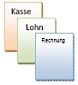 Drei gestapelte Dokumente mit den Überschriften: Kasse, Lohn, Rechnung.