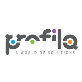 Logo "profila" con testo: "A World of Solutions", cerchi colorati sopra le lettere.