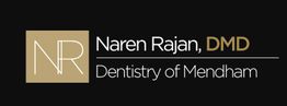 Logo reading "Naren Rajan, DMD, Dentistry of Mendham" on a black background.