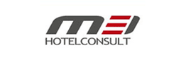 Logo mit Schriftzug "ME Hotelconsult" in Grau und Rot.