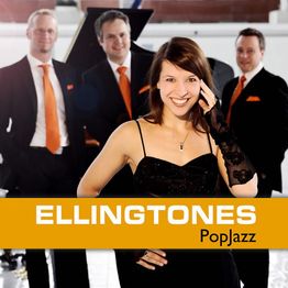 Vier Personen in schicker Kleidung, Frau vorne, drei Männer hinten, Text: Ellingtones, PopJazz.