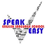 Logo con palabras "Speak Easy" y "English Language School" en una V de palabras negro.