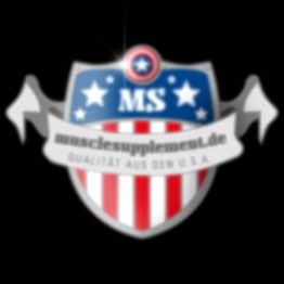 Verschwommenes Logo mit Schildform, Sternen und Streifen, Text: "musclesupplement.de".