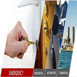 Hand with key, lock categories: Emergency, Residential, Automotive, Commercial.