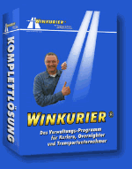 WINKURIER Software-Box mit Mann und zwei Pfeilen auf blauem Hintergrund.