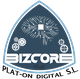 Logo de Bizcore con un circuito y engranajes en un fondo azul oscuro.