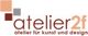 Logo von Atelier 2f, atelier für kunst und design, mit geometrischen Formen in Braun- und Grautönen.