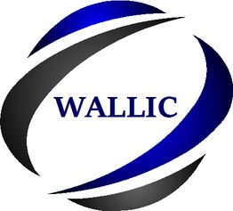 Logotipo con bandas curvas azul y negra, texto "WALLIC" en el centro.