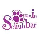 Logo mit lila Schriftzug "mein Schuhbär" und einer Tatze als Design.