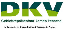 DKV-Logo mit Text: "Gebietsrepräsentanz Romeo Pennese, Spezialist für Gesundheit in Worms".