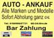 Auto-Ankauf-Werbung, "Alle Marken", "Bar Zahlung", mit drei Autoabbildungen unten.