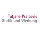 Textbild: "Tatjana Pra Levis" in Rot, "Grafik und Werbung" in Grau.
