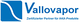 Vallovapor-Logo, Zertifizierter Partner für AKA-Produkte, blaue Schrift mit abstraktem Symbol.