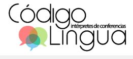 Logo de "Código Lingua" con tres burbujas de diálogo en colores. Texto: "intérpretes de conferencias".