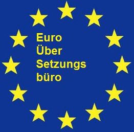 Blauer Hintergrund mit gelbem Text: "Euro Übersetzungsbüro", umgeben von 12 gelben Sternen.