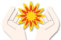 Hände halten eine bunte, stilisierte Blume mit roten und gelben Blütenblättern.