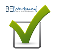 Grünes Häkchen in einem Kästchen, daneben der Text "BE[Werbung] Starte jetzt dein Projekt".
