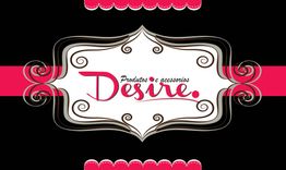 Plano de fundo preto com moldura decorativa, texto "Produtos e acessórios Desire" em rosa.