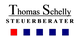 Textlogo "Thomas Schelly Steuerberater" mit fünf Quadraten: eins rot, vier blau.