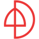 Rotes geometrisches Logo mit Kreisbogen und Dreieck auf weißem Hintergrund.
