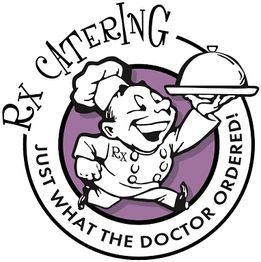 Cartoon chef with a platter, "RX Catering - Just What the Doctor Ordered!" text encircles him.