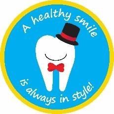Tooth with top hat and bow tie, text: "A healthy smile is always in style!"