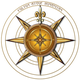 Ein goldener Kompass mit einer Lilie oben und einem lateinischen Text am Rand.