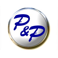 Rundes Logo mit blauem "P&P"-Text auf weißem Hintergrund.
