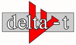 Logo mit Text "delta-t" und einem roten Pfeil im Hintergrund auf grauem Rechteck.
