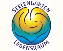 Farbenfrohes Logo mit Schriftzug "Seelengarten Lebensraum" und abstrakten Wellenformen.