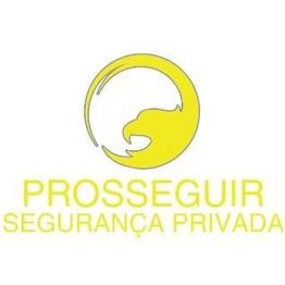 Logotipo amarelo com desenho de águia e texto "Prosseguir Segurança Privada" embaixo.