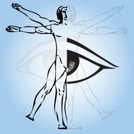 Menschliche Figur im Vitruv-Design vor einem großen Auge, blauer Hintergrund.