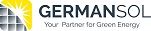Logo von Germansol mit Solarzelle und Sonnensymbol. Slogan: "Your Partner for Green Energy".