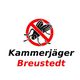 Logo mit durchgestrichener Fliege und Text „Kammerjäger Breustedt“ in Schwarz und Rot.